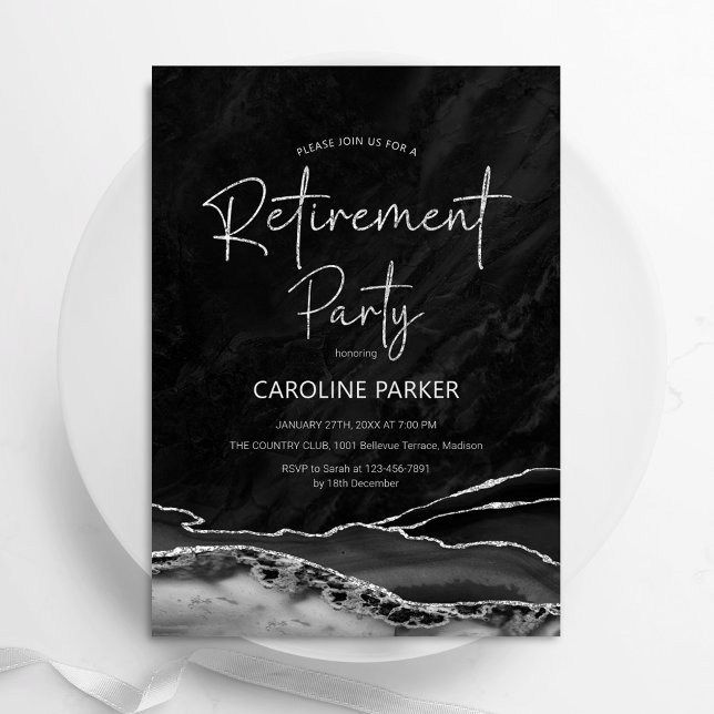 Black Silver Agate Retirement Party Invitation (Creator Uploaded)