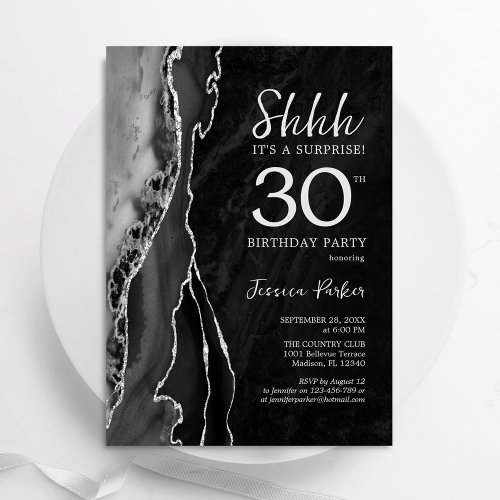 Black Silver Agate Surprise 30th Birthday Invitation