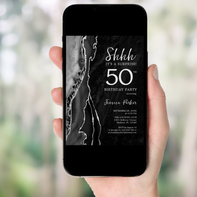 Black Silver Agate Surprise 50th Birthday Invitation (Front Digital)