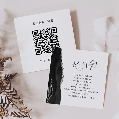 Black Silver Agate Wedding QR Code RSVP Enclosure Card