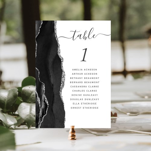 Black Silver Agate Wedding Table Number