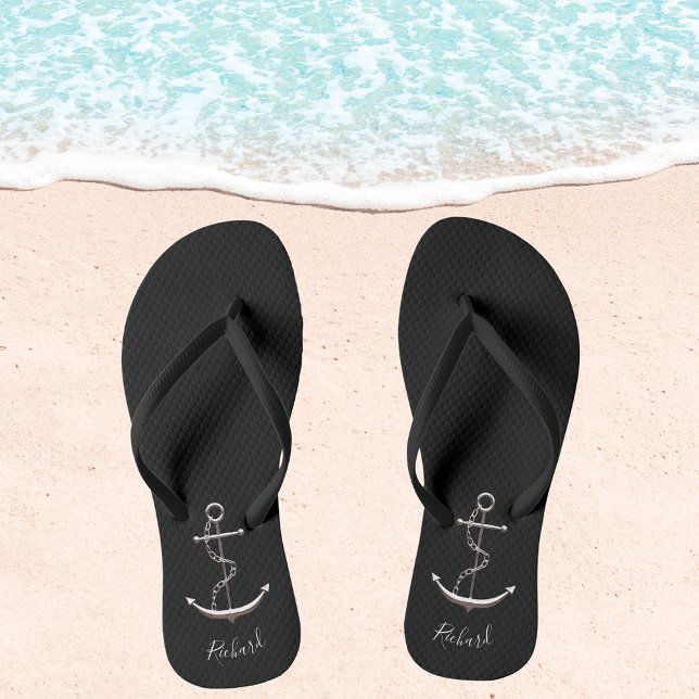 Black silver anchor yacht boat name flip flops (Creator Uploaded)