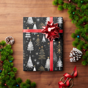 Black, Silver and Gold Christmas Trees Wrapping Paper