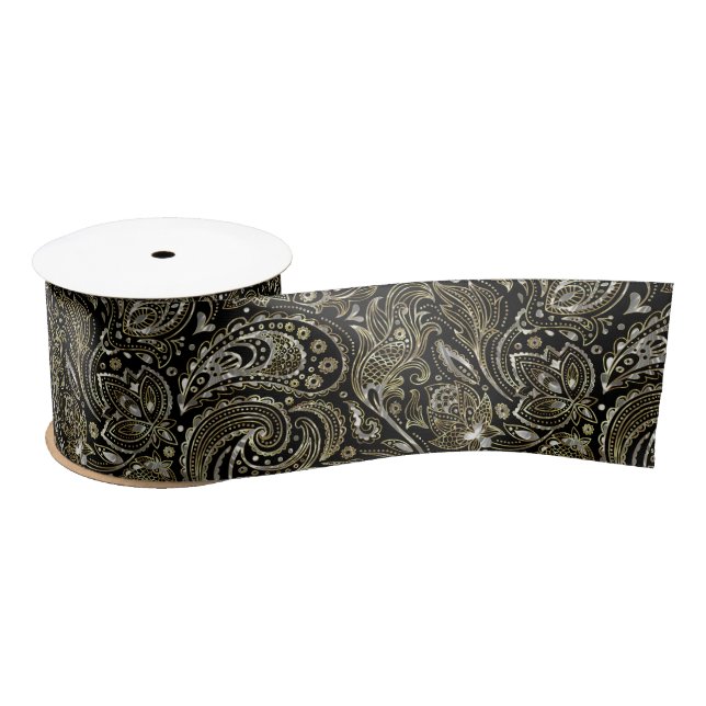 Black Silver And Gold Floral aisle Pattern Satin Ribbon (Spool)