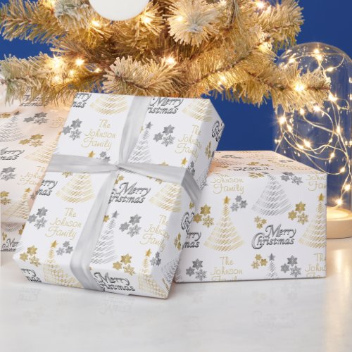 Black Silver and Gold Scribble Christmas Tree Wrapping Paper