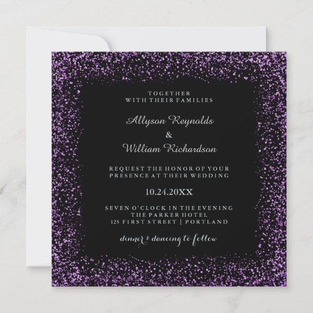 Black Silver and Purple Confetti Dark Glam Wedding Invitation (Front)