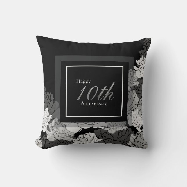 Black, silver, and white 10th anniversary throw pillow (Front)