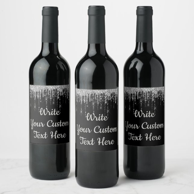 Black Silver Anniversary Party Birthday Glitter Wine Label (Bottles)