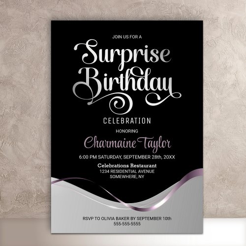 Black Silver Any Age Surprise Birthday Party Invitation