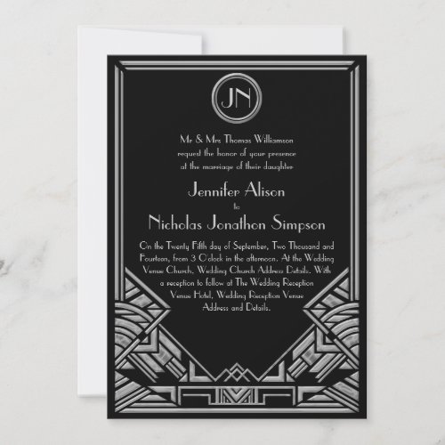 Black Silver Art Deco Gatsby Style Wedding Invites