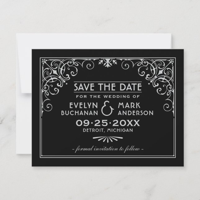 Black Silver Art Deco Scrollwork Wedding Save The Date (Front)