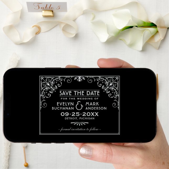 Black Silver Art Deco Scrollwork Wedding Save The Date (Front Digital)