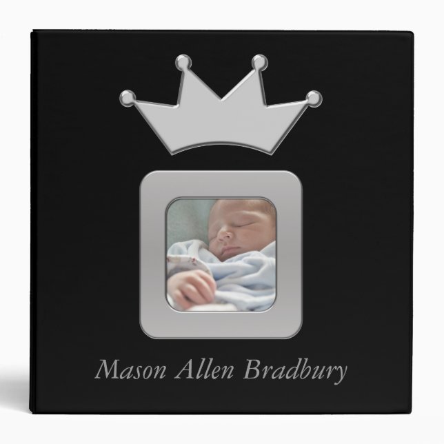 Black & Silver Baby Boy Prince Crown Photo Album 3 Ring Binder (Front)