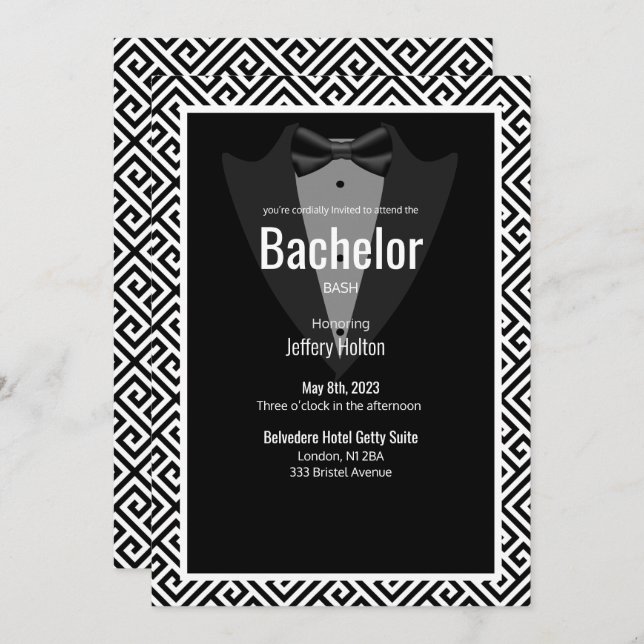 Black, silver bachelor party custom tuxedo save the date (Front/Back)
