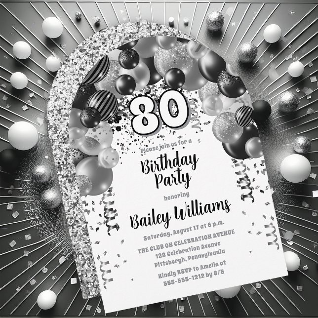 Black Silver Balloon Arch 80th Birthday Party Invitation (Silver Tone, Black and White  Celebration Balloons "80" 80th Birthday Party Invitation Print | Digi)