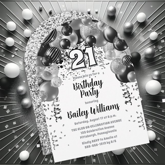 Black Silver Balloons 21st Birthday Party Invitation (Black | Silver Balloons "21" 21st Birthday Party Invitations - Print and/or Download Available)