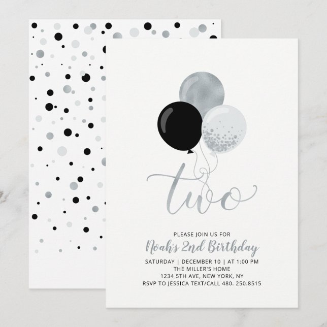 Black & Silver Balloons Boy 2nd Birthday Party Invitation (Front/Back)