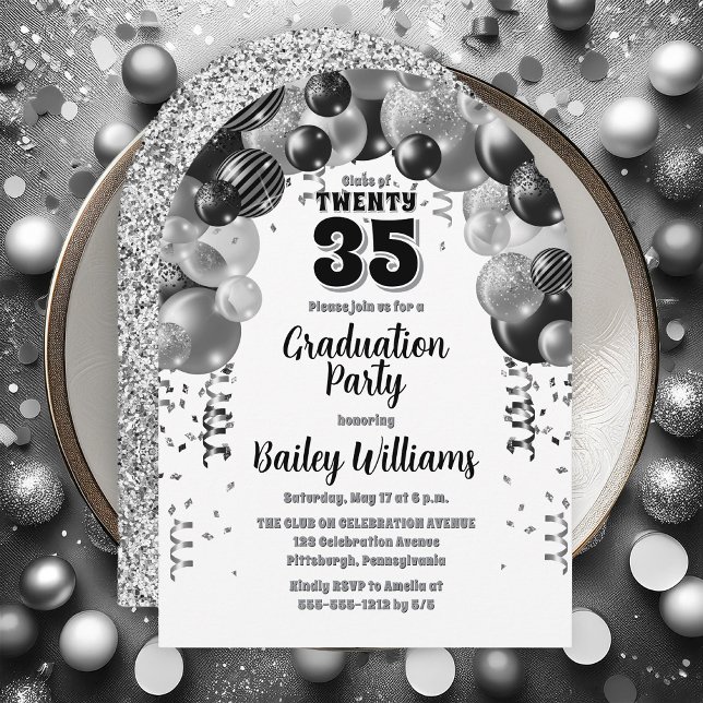 Black Silver Balloons Graduation Party Invitation (Black | Silver Balloons Class Year Graduation Party Invitations - Print and/or Download Available)