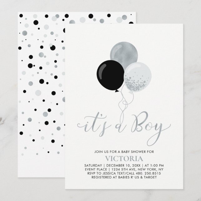 Black & Silver Balloons | It's a Boy Baby Shower Invitation (Front/Back)
