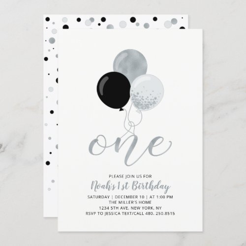 Black  Silver Balloons One 1st Boy Birthday Party Invitation