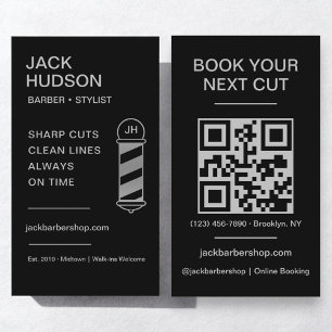 Black Silver Barbershop Barber Haircut QR Code Business Card
