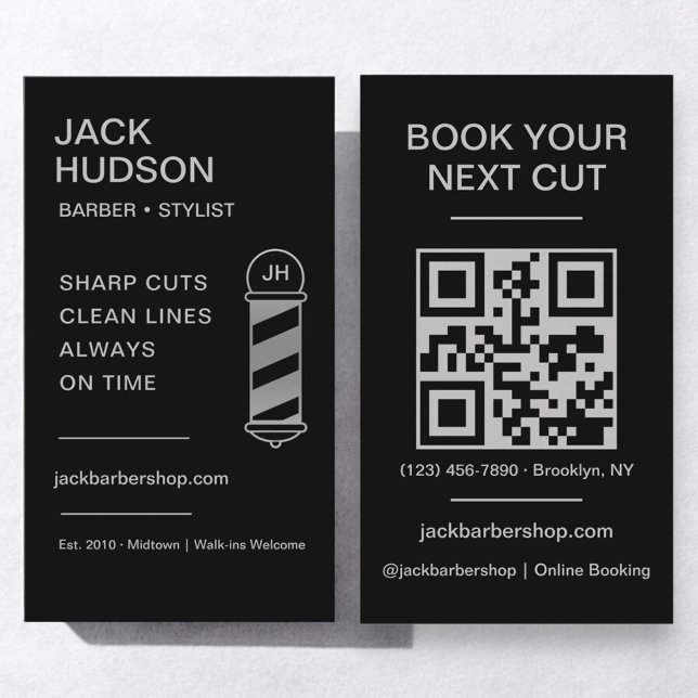 Black Silver Barbershop Barber Haircut QR Code Business Card (Creator Uploaded)