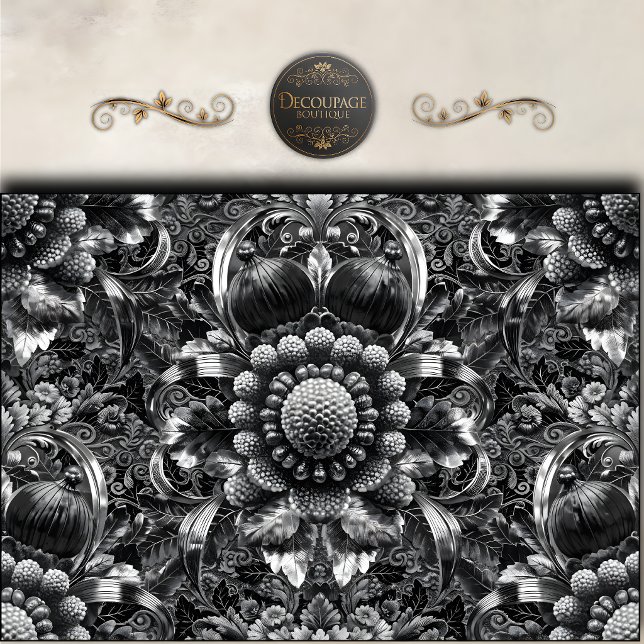 Black Silver Baroque Floral Decoupage Tissue Paper (Black Silver Baroque Floral Decoupage Tissue Paper)