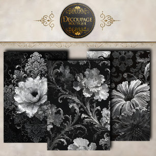 Black Silver Baroque Florals Decoupage Collection Wrapping Paper Sheets
