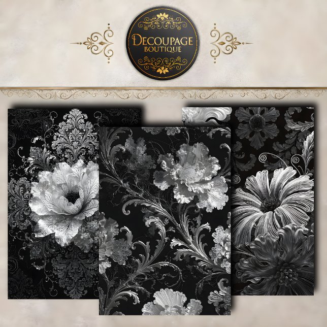 Black Silver Baroque Florals Decoupage Collection Wrapping Paper Sheets (Black Silver Baroque Florals Decoupage Collection Wrapping Paper Sheets)