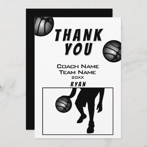 Black Silver Basketball Thank you Coach Card - Black Silver Basketball Thank you Coach Card. Basketball thank you coach card with thank you text, coach name, team name, year and player name. The card has a black silhouette image of a basketball player in action. Personalize the card with your text. 
Great thank you card for the basketball team coach!