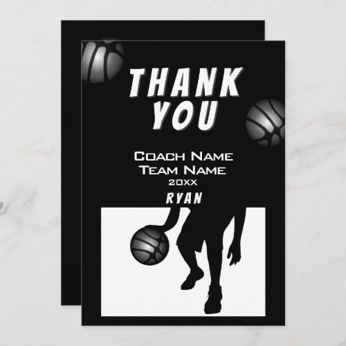 Black Silver Basketball Thank you Coach Card - Black Silver Basketball Thank you Coach Card. Basketball thank you coach card with thank you text, coach name, team name, year and player name. The card has a black silhouette image of a basketball player in action. Personalize the card with your text. 
Great thank you card for the basketball team coach!