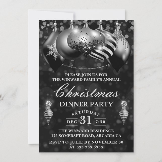 Black & Silver Baubles Christmas Dinner Party Invitation (Front)