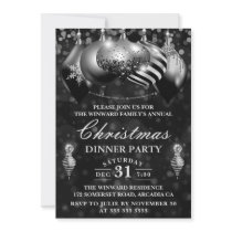 Black & Silver Baubles Christmas Dinner Party Invitation