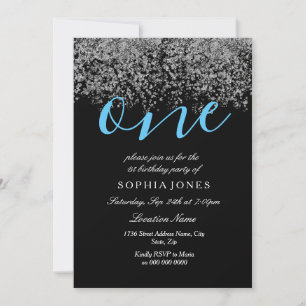 Black Silver Blue Boys 1st Birthday Party Invite