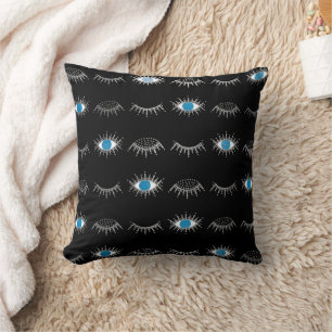 Black & Silver Blue Evil Eye Eyelashes Nazar Mati  Throw Pillow