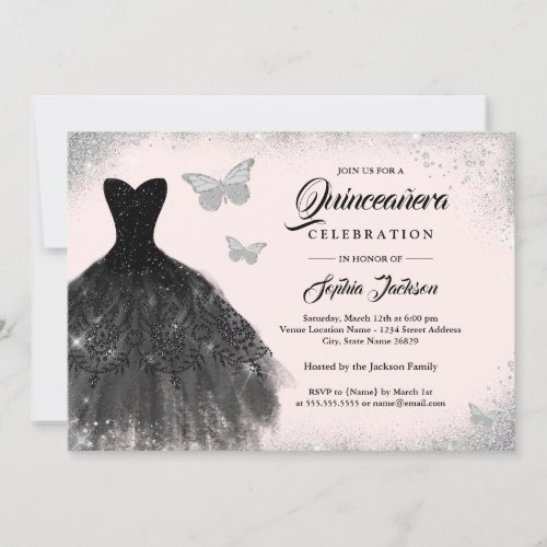 Black Silver Blush Dress Butterfly Quinceanera Invitation