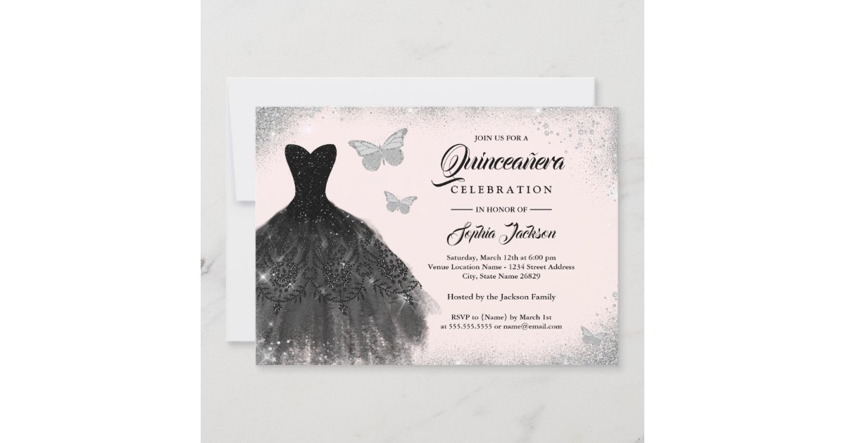 Black Silver Blush Dress Butterfly Quinceanera Invitation | Zazzle