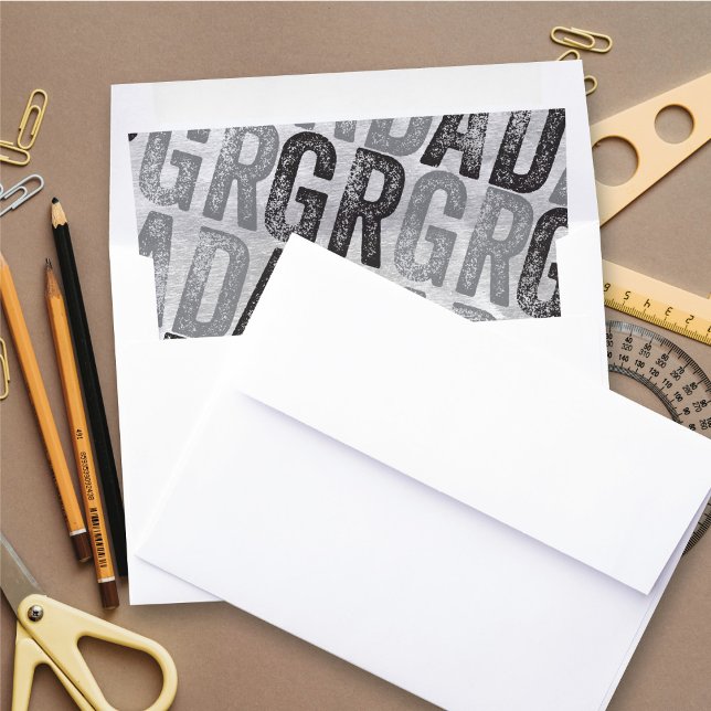 Black & Silver Bold GRAD Typography Mod Graduation Envelope Liner (Silver Grey & Black Bold GRAD Typography Modern Graduation Envelope Liner @ zazzle.com/color_therapy)