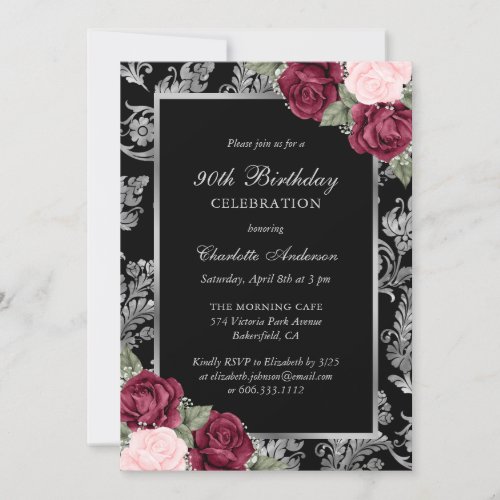 Black Silver Burgundy Pink Vintage 90th Birthday Invitation