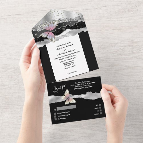 Black silver butterfly glitter pink accent wedding all in one invitation