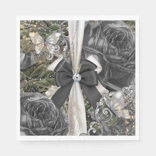 Black silver butterfly rose shabby chic vintage  napkins