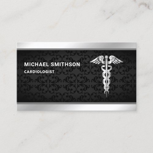 Black Silver Caduceus Symbol Medical Professional Business Card