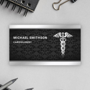 Black Silver Caduceus Symbol Medical Professional Business Card