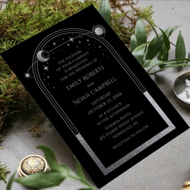 Black Silver Celestial Sun Moon Wedding Invitation (Creator Uploaded)