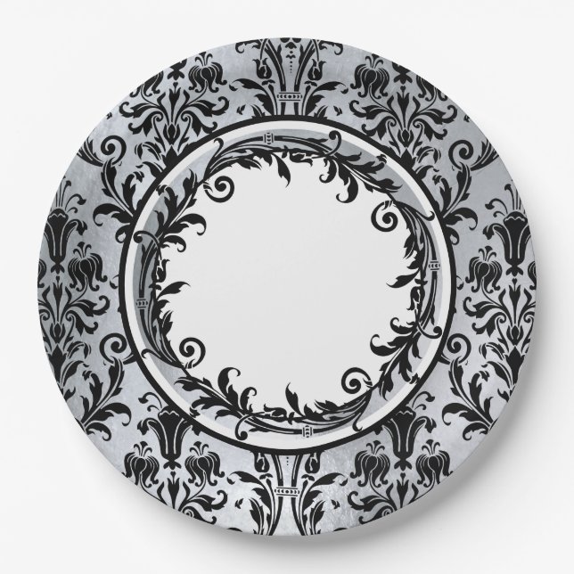 Black Silver Chic Damask Floral Swirls Personalize Paper Plates (Front)