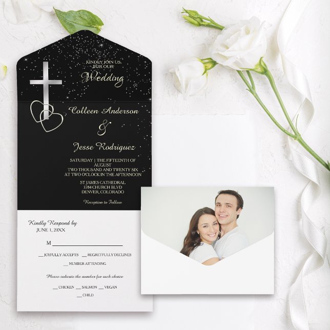 Black Silver Christian Cross Photo Wedding All In One Invitation (Creator Uploaded)