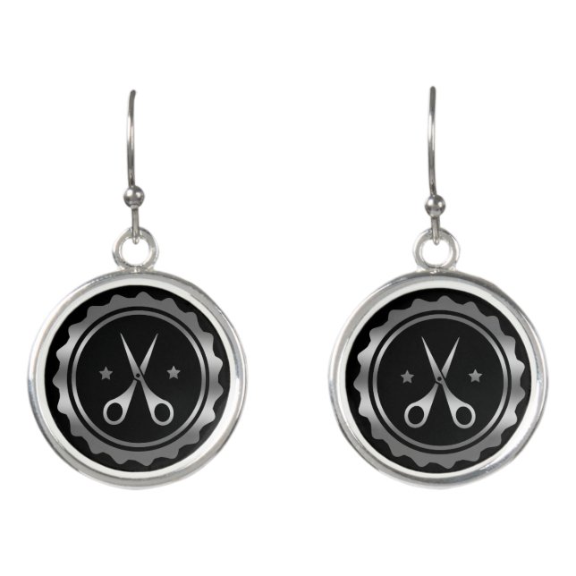 Black & Silver Circle & Hairstylist Logo Earrings (Front)