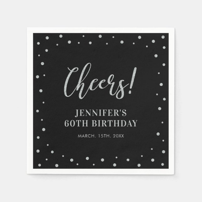 Black & Silver | Confetti Adult Birthday Party Napkins (Front)