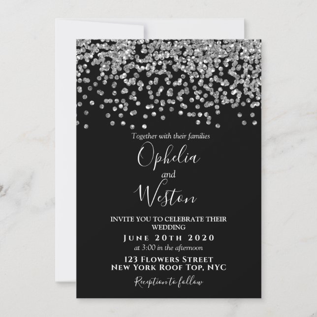 Black & Silver Confetti Elegant Modern Wedding Invitation (Front)
