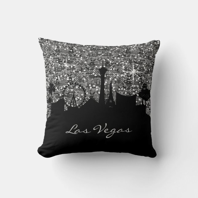 Black & Silver Confetti Glitter Las Vegas Skyline Throw Pillow (Front)